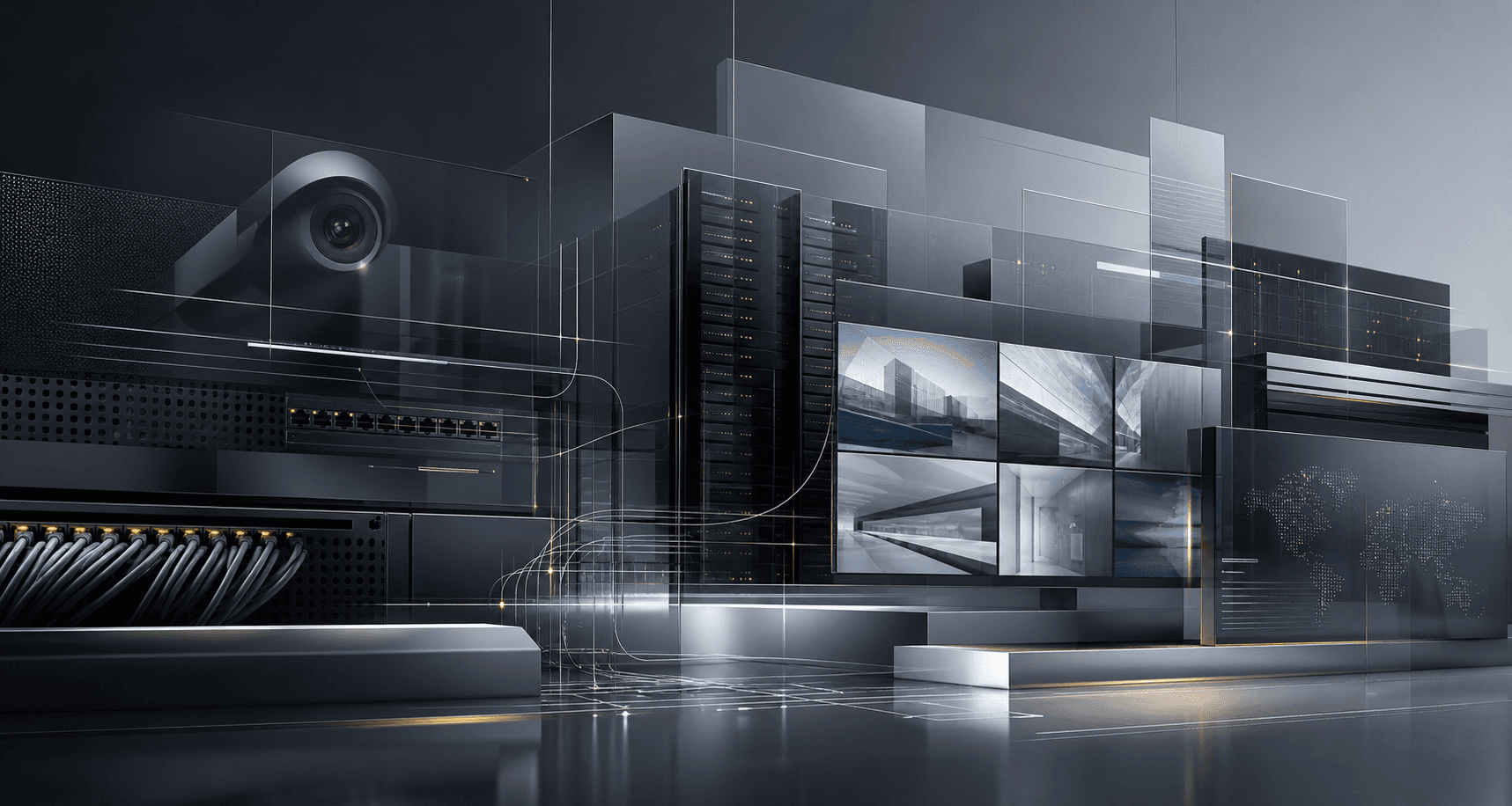 Abstract enterprise infrastructure composition representing surveillance, networking, servers, displays, and software systems